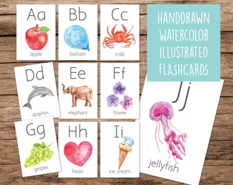 Alphabet cards, alphabet flashcards, watercolor Illustrations, Montessori education, classroom and homeschool, English alphabet  PRINTABLE