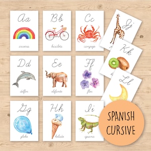 SPANISH Alphabet ABC Flash Cards Cursive, Realistic Watercolor Montessori Educational Material, abecedario, Homeschooling Printable PDF