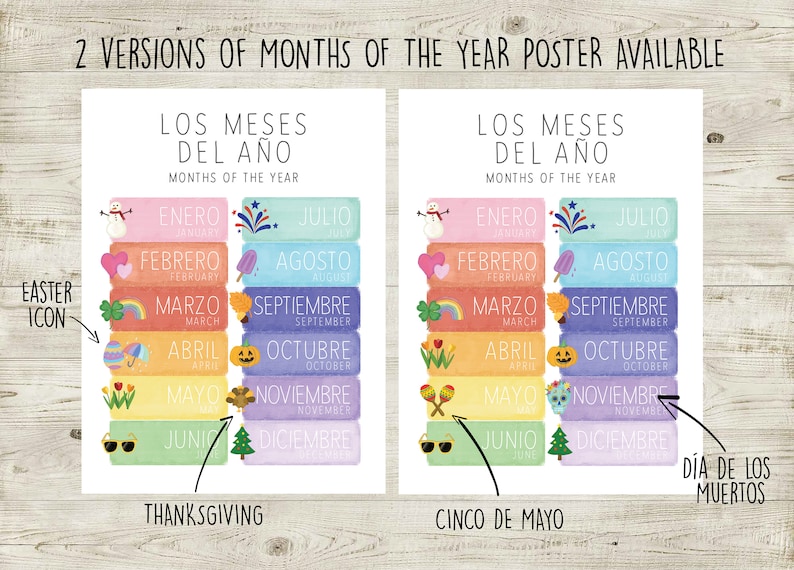 May include: Two versions of a colourful poster featuring the months of the year in Spanish. The poster includes illustrations of holidays like Cinco de Mayo, D&iacute;a de los Muertos, Thanksgiving, and Easter.