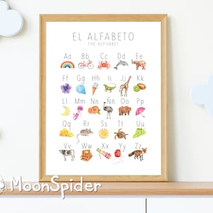 Spanisches Alphabet ABC herunterladbares Poster, Aquarell Drucke, Montessori Homeschool Klassenzimmer, Kinderzimmer Dekor, Kinder pädagogisches Dekor