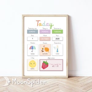 Dagelijks ochtendbord, dagen van de week, leerkalender, datum, weer, affirmaties voor kinderen, peuters, downloadbaar AFDRUKBAAR
