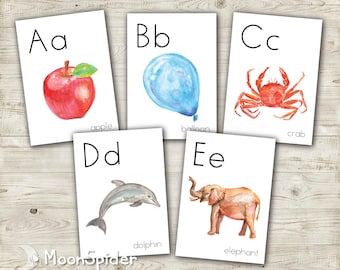 Alphabet individual downloadable PDF posters, watercolor Illustrations, for Montessori, classroom and homeschool use, educational decor