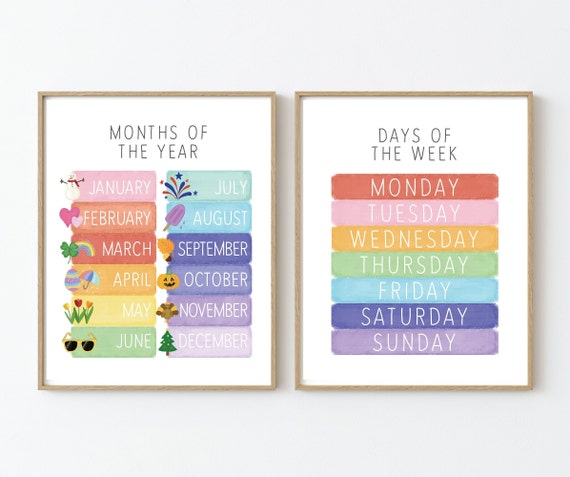 Days of the Week, Months of the Year poster, Montessori Homeschool Classroom, Rainbow Nursery Decor, Kids Educational PRINTABLES