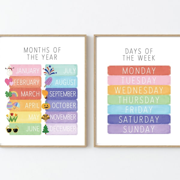 Veckodagar, årets månader poster, Montessori hemundervisning klassrum, regnbågsbarnrumsdekor, pedagogiska barnutskrivbara material