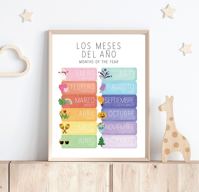 May include: A colourful chart with the Spanish names of the months of the year, illustrated with a different image for each month. The chart is on a white background and has the title "Los Meses del A&ntilde;o" and "Months of the Year".
