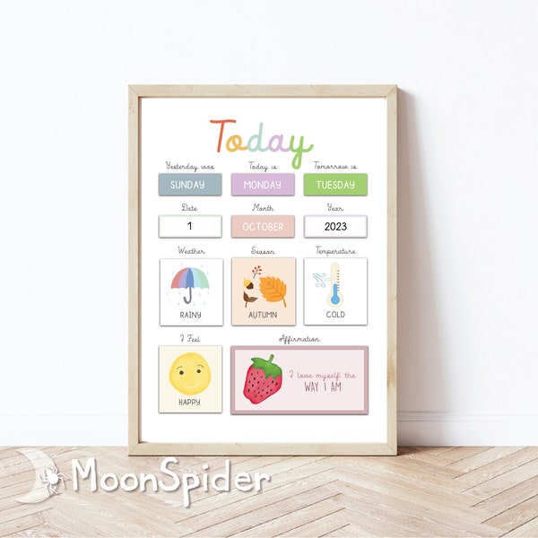 Daily Morning Board, Days of the Week, Learning Calendar, Date, Weather, Affirmations for Children Toddlers, Downloadable PRINTABLE