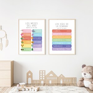 May include: Two colourful educational posters for children. The left poster shows the months of the year in Spanish with a colourful illustration for each month. The right poster shows the days of the week in Spanish with a colourful illustration for each day.
