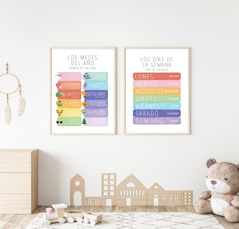 May include: Two colourful educational posters for children. The left poster shows the months of the year in Spanish with a colourful illustration for each month. The right poster shows the days of the week in Spanish with a colourful illustration for each day.