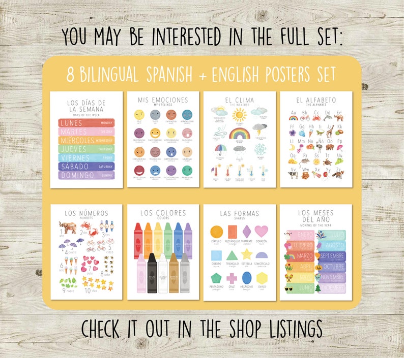 May include: Set of eight bilingual Spanish and English educational posters for children. The posters feature colourful illustrations and text, covering topics such as days of the week, emotions, weather, alphabet, numbers, colours, shapes, and months of the year.