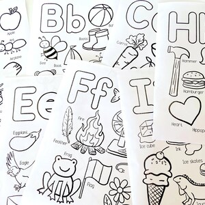 May include: Black and white alphabet flashcards with illustrations of objects starting with each letter. The letters are in uppercase and lowercase. The illustrations include an apple, bee, carrot, hammer, ice cube, frog, and more.