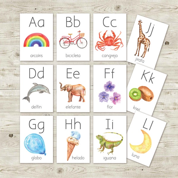 SPANISH Alphabet ABC Flash Cards, Realistic Watercolor Montessori Educational Material, Homeschooling Printable PDF