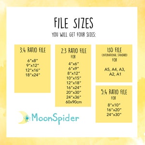 May include: A yellow graphic with the text "FILE SIZES" and "YOU WILL GET FOUR SIZES:"  The graphic shows four different file sizes for digital downloads: 3:4 Ratio, 2:3 Ratio, ISO File (International Standard), and 5:4 Ratio. Each file size includes a list of dimensions in inches and centimetres.