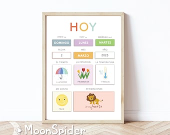 SPANISH Daily Morning Board, Days of the Week, Learning Calendar, Date, Weather, Affirmations for Children Toddlers, Downloadable PRINTABLE