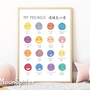 Zweisprachig Englisch und Chinesisch (Traditionell), Meine Gefühle Poster Digital Download, Montessori Homeschool, Lerndekor, Emotions Chart