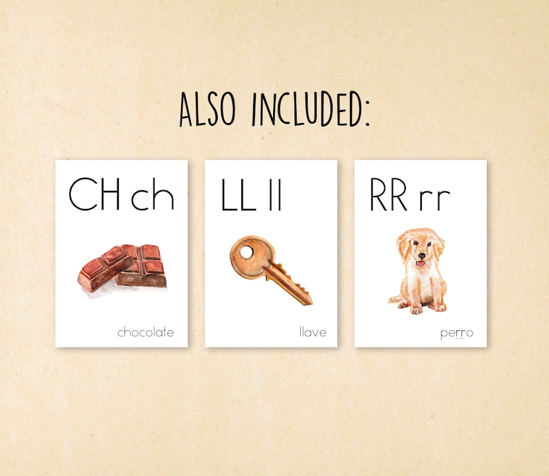 K&ouml;nnte beinhalten: Drei Lernkarten mit spanischen Buchstabenkombinationen und Illustrationen. Die erste Karte zeigt die Buchstaben "CH ch" mit einer Schokoladentafel-Illustration und dem Wort "chocolate" darunter. Die zweite Karte zeigt die Buchstaben "LL ll" mit einer Schl&uuml;ssel-Illustration und dem Wort "llave" darunter. Die dritte Karte zeigt die Buchstaben "RR rr" mit einer Illustration eines Golden Retriever-Welpen und dem Wort "perro" darunter.