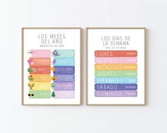 SPANISH Bilingual Days of the Week, Months of the Year poster, Montessori Homeschool Classroom, Nursery Decor, Kids Educational PRINTABLES