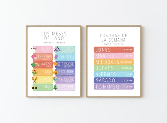 SPANISH Bilingual Days of the Week, Months of the Year poster, Montessori Homeschool Classroom, Nursery Decor, Kids Educational PRINTABLES