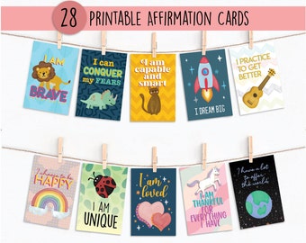 May include: Twenty-eight printable affirmation cards with colourful illustrations and positive messages. The cards feature a lion, dinosaur, cat, rocket, ukulele, rainbow, ladybug, heart, unicorn, and globe.