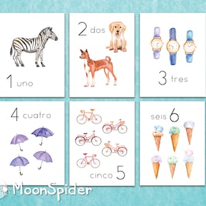 SPANISCHE Zahlen 1-10 individuelle herunterladbare PDF-Poster, Aquarelldrucke, Montessori Homeschool Klassenzimmer, Kinderzimmer Dekor, pädagogisches