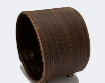 Handmade Wide Brown Leather Cuff Bracelet: Adjustable Men's Wristband