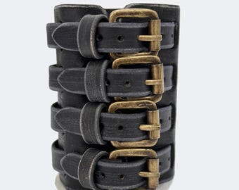 Handmade Distressed Leather Cuff Bracelet: Adjustable Strap