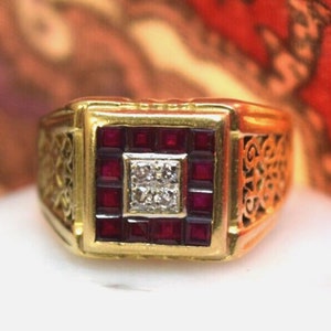 1.9ct Diamond & Ruby Signet Ring, Filigree Design Men's Pinky Ring, 2 Tone Gold Ring, Solid 10k 14k 18k 22k Gold Ring, Free Express Delivery