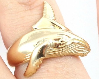 Solid Gold Whale Ring, Personalizable Blue Whale Ring, Chunky Fish Ring, Aquatic Animals Ring, 10k 14k 18k 22k Ring, Free Express Delivery
