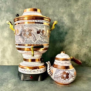 Engraved Copper Electric Samovar: Turkish Tea Maker