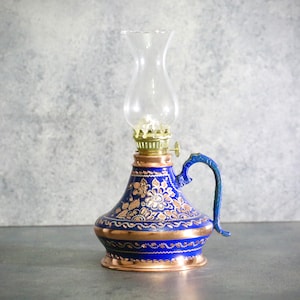 Vintage Copper Kerosene Lamp: Blue Floral Oil Lamp