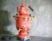 Red Colour Floral Design Electric Copper Samovar- Thermostat tea set, Cylinder Kettle 220V