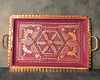 Bandeja otomana de cobre hecha a mano: bandeja decorativa para servir con asas