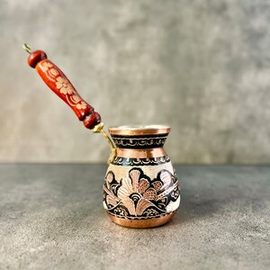 Engraved Copper Turkish Coffee Pot: Stovetop Briki with Wood Handle