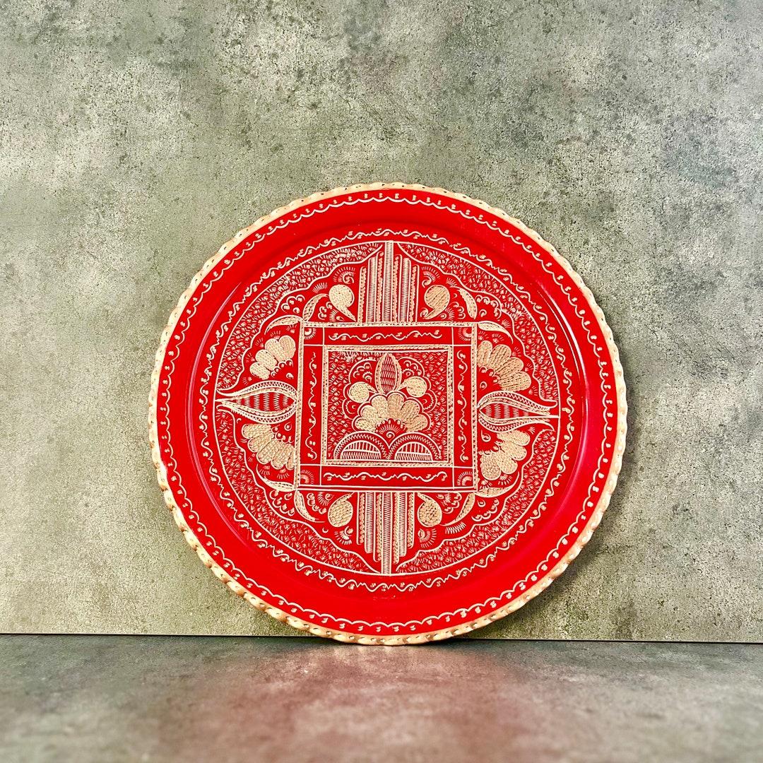 Round Serving Tray, Red Serving Tray, Copper Serving Tray, Large Copper