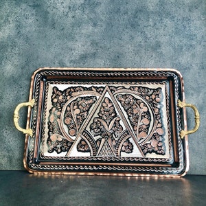 Copper Serving Tray With Handles, Handmade Copper Tray, Decoration Tray, Solid Copper Tray, Rectangular Tray, Copper Ottoman Large Tray