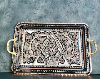 Bandeja de cobre hecha a mano con asas de latón: Bandeja otomana decorativa