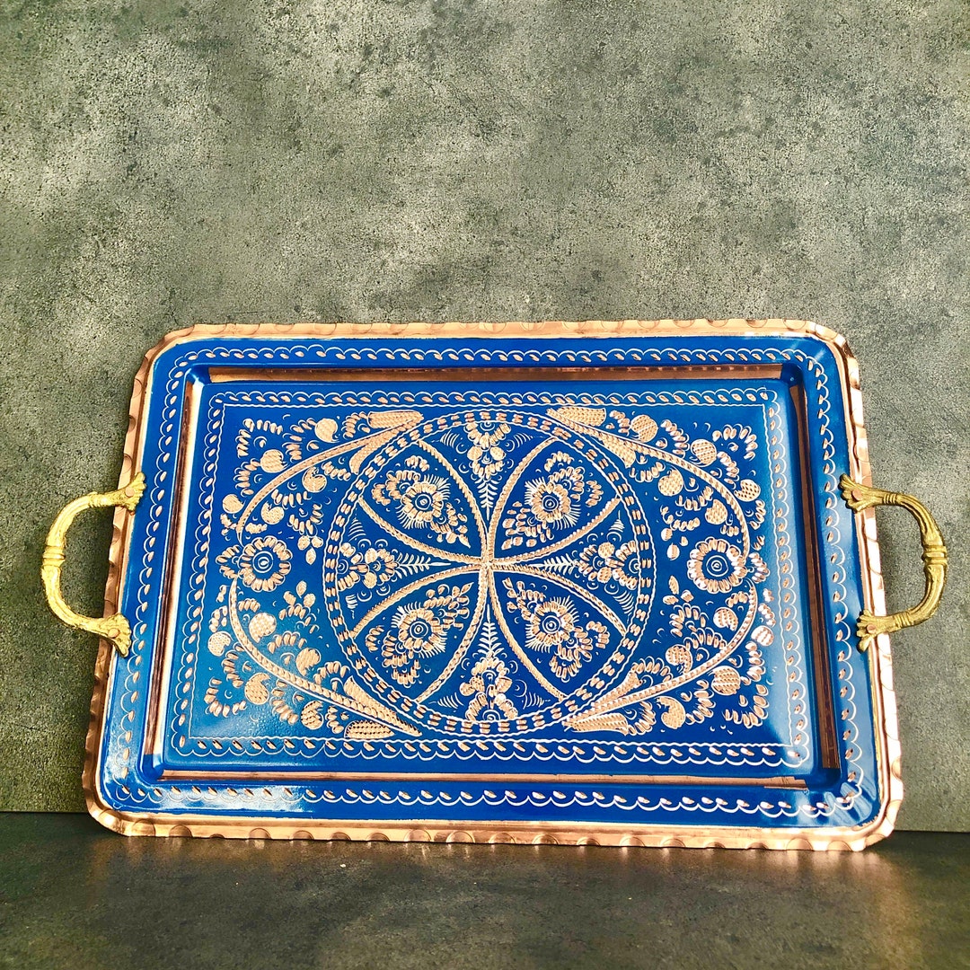 Blue Solid Copper Tray, Copper Serving Tray With Handles, Handmade