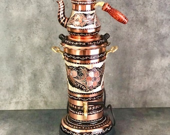 Black Colour Floral Design Electric Copper Samovar- Thermostat tea set, Cylinder Kettle 220V, Cylinder Kettle, Russian USSR Samovar,