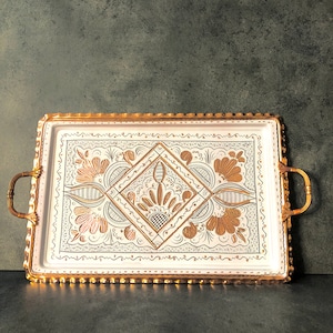 Handmade Copper Tray, Copper Serving Tray With Handles, Decoration Tray, Solid Copper Tray, Rectangular Tray, Copper Ottoman Large Tray
