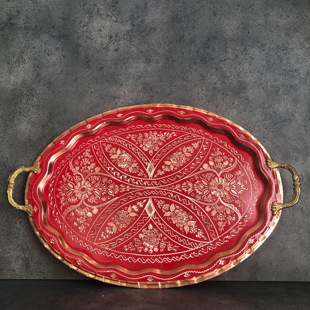 Oval Serving Tray, Oval Tray With Handles, Ottoman Decorative Tray