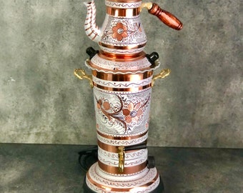 White Colour Floral Design Electric Copper Samovar- Thermostat tea set, Cylinder Kettle 220V, Cylinder Kettle, Russian USSR Samovar,