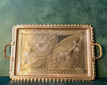 Bandeja de cobre con asas hecha a mano: Bandeja otomana con relieve