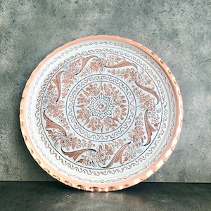 Hand Carved Copper Serving Tray: Round Ottoman/Coffee Table Decor