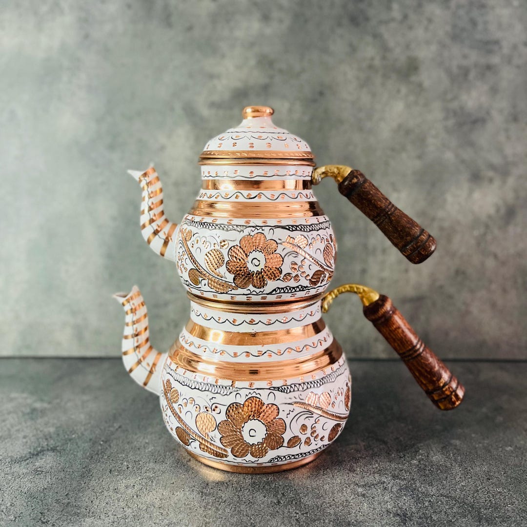 Turkish Copper Double Tea Kettle: Engraved Stovetop Teapot (96 Fl Oz ...