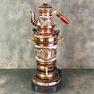 Special Black Floral Design Electric Copper Samovar- Thermostat tea set, Cylinder Kettle 220V, Cylinder Kettle, Russian USSR Samovar,