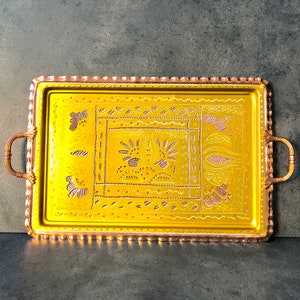 Gold Copper Serving Tray With Handles, Handmade Copper Tray, Decoration Tray, Solid Copper Tray, Rectangular Tray, Copper Ottoman Large Tray