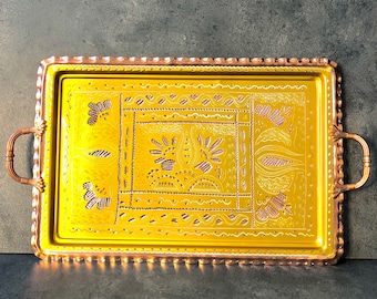 Handmade Copper Serving Tray with Handles: Decorative Ottoman Tray