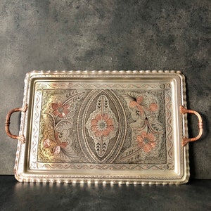 Copper Serving Tray With Handles, Handmade Copper Tray, Decoration Tray, Solid Copper Tray, Rectangular Tray, Copper Ottoman Large Tray