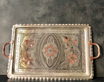 Handmade Copper Serving Tray with Handles: Embossed Floral Ottoman Tray