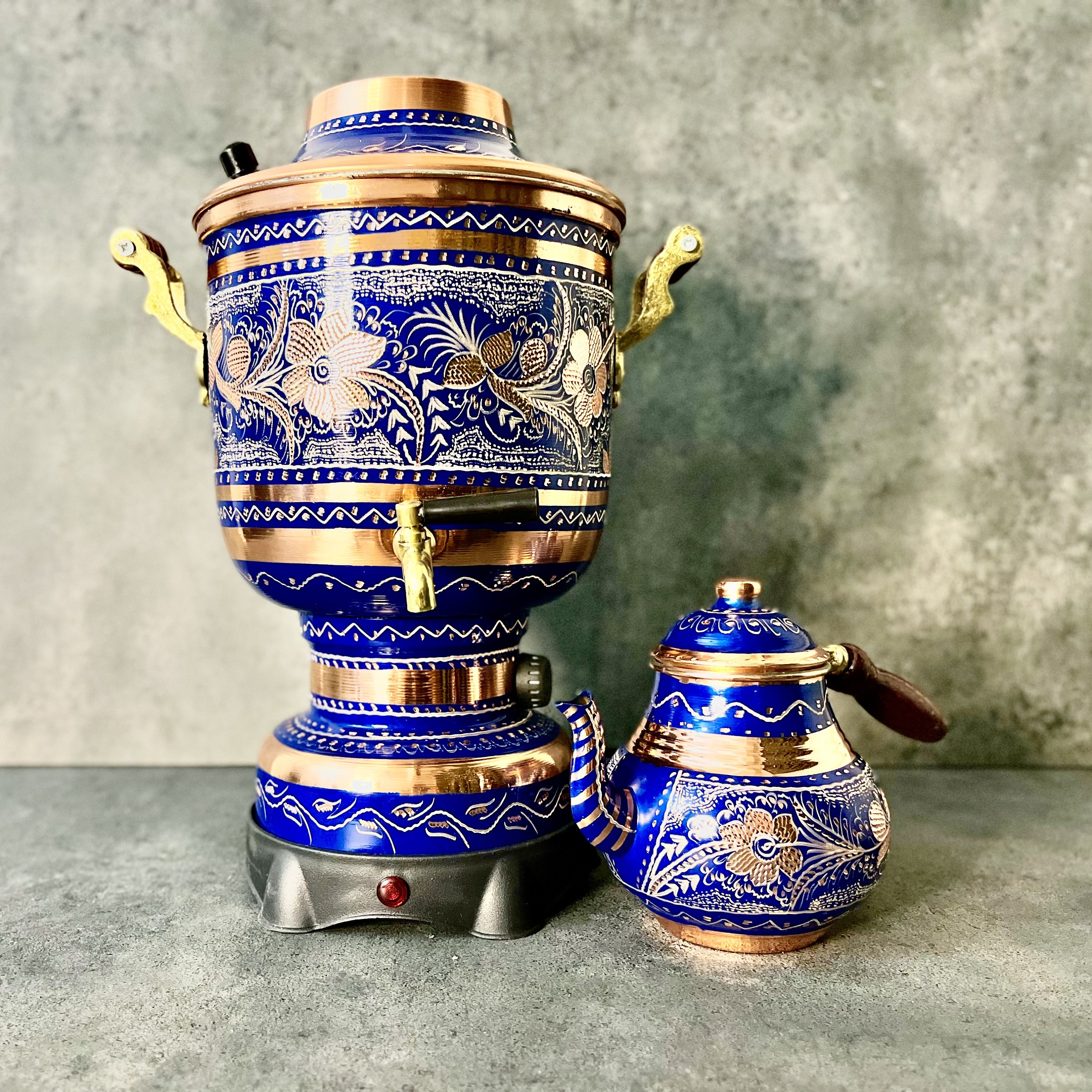 トルコ製の手作り銅製電気サモワール：彫刻入りティーメーカー - Etsy 日本