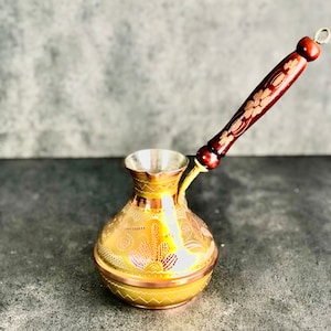 Engraved Copper Turkish Coffee Pot: Stovetop Briki with Wood Handle